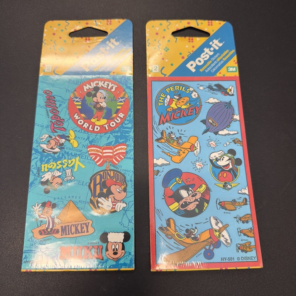 Vintage 1993 Disney Mickey Mouse World Tour 3M Post-it Stickers 2 Packs NOS